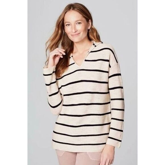 NEW J.Jill Hooded Top size M Cotton Blend Striped Cream Navy Black - Picture 1 of 8